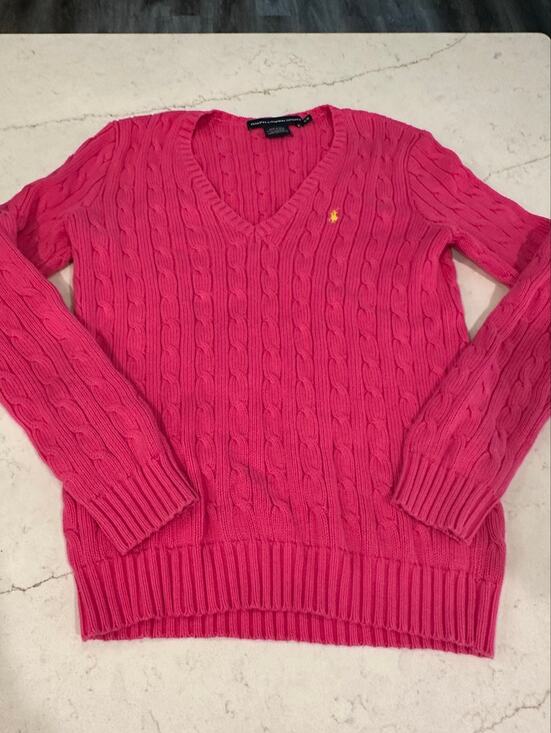 Ralph Lauren Sport Sweaters - Ralph Lauren Sport Womens M Pink Cable Knit V Neck Cotton Sweater Preppy Pony